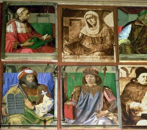 O estudo de Federigo da Montefeltro, duque de Urbino, no sentido horário de TL: Cícero, orador romano (106-43 aC); Sêneca, filósofo romano estóico (c.4 BC-c.65 dC); Homero, poeta épico grego (século VIII aC); St de Joos van Gent